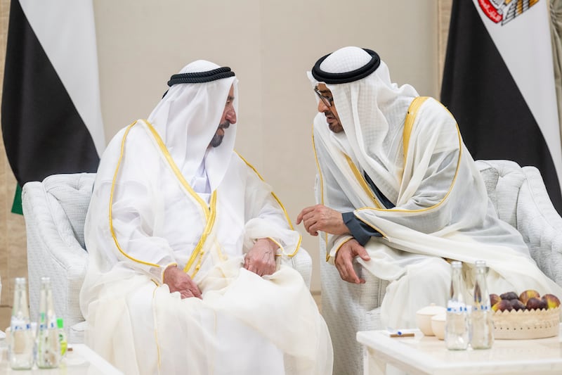 President Sheikh Mohamed speaks with Sheikh Dr Sultan bin Muhammad Al Qasimi, Ruler of Sharjah, at the reception. Photo: Hamad Al Kaabi / UAE Presidential Court
