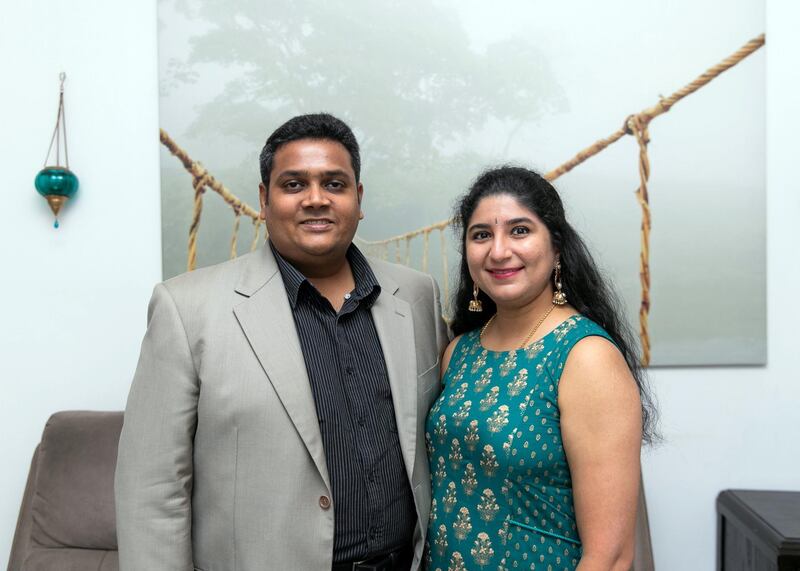 DUBAI, UNITED ARAB EMIRATES. 6 OCTOBER 2020. 
Sabarrish Srinivasan and his wife Kinnari Thakkar.
(Photo: Reem Mohammed/The National)

Reporter: Deepthi Nair
Section: BZ