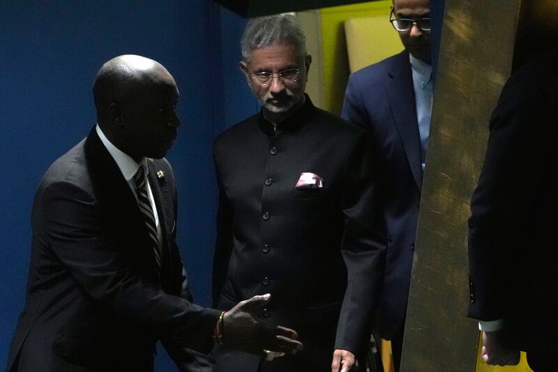 India's Foreign Minister Subrahmanyam Jaishankar arrives to address the 78th session of the UN General Assembly on Tuesday. AP