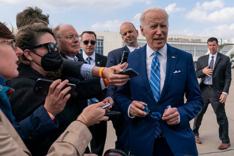 President Joe Biden speaks to the media before boarding Air Force One at Des Moines International Airport, en route to Washington.   AP