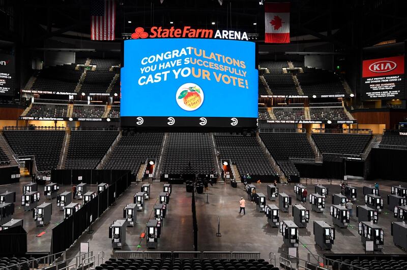 State Farm Arena is used as a polling place on the first day of early voting in the US Presidential election, shown underway in Atlanta, Georgia, USA.  EPA