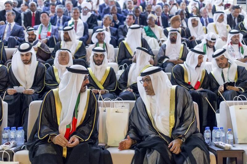 Hussain Al Hammadi, Minister of Education (L) and Abdul Rahman Al Owais, Minister of Health and Prevention (R) and other dignitaries attend the 45th UAE National Day celebrations held at Adnec. Silvia Razgova / Crown Prince Court — Abu Dhabi