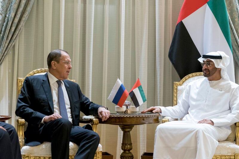 Sheikh Mohamed bin Zayed, Crown Prince of Abu Dhabi and Deputy Supreme Commander of the Armed Forces, meets Sergey Lavrov, Russian Minister for Foreign Affairs, in Abu Dhabi on Thursday. Courtesy Sheikh Mohamed bin Zayed Twitter
