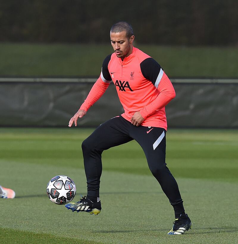 KIRKBY, ENGLAND - APRIL 13: (THE SUN OUT. THE SUN ON SUNDAY OUT) Thiago Alcantara of Liverpool during a training session at AXA Training Centre on April 13, 2021 in Kirkby, England. (Photo by John Powell/Liverpool FC via Getty Images)