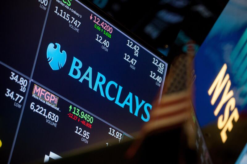 A monitor displays Barclays PLC signage on the floor of the New York Stock Exchange (NYSE) in New York, U.S., on Monday, March 19, 2018. Stocks declined globally on Monday amid a technology selloff and as investors braced for a week packed with risk events, from central bank decisions to a G-20 gathering. Government bonds also fell, while the pound jumped on a Brexit breakthrough. Photographer: Michael Nagle/Bloomberg