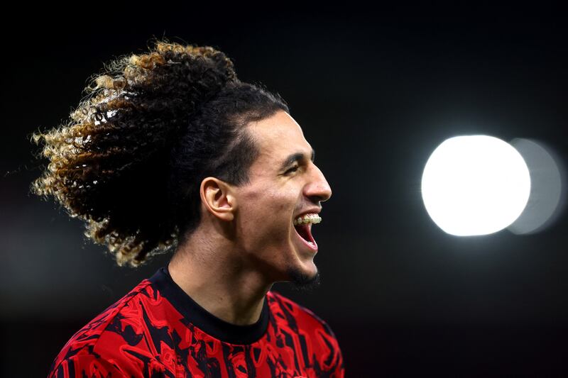 Manchester United's Hannibal Mejbri during the warm up before the Premier League match against Nottingham Forest at the City Ground on December 30, 2023. PA