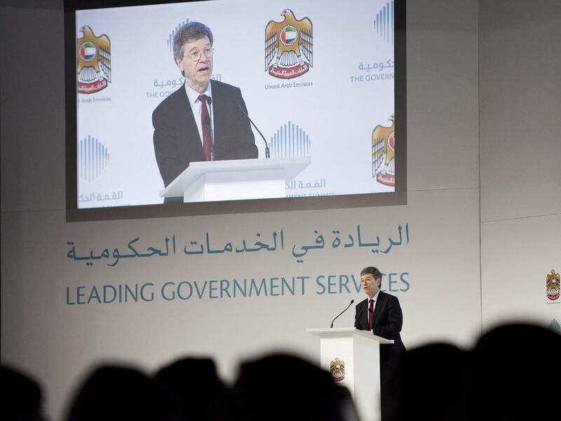 Prof Jeffrey Sachs told the Government Summit that great people tend ‘to follow the moderate pursuit of material life’ yesterday. Antonie Robertson / The National