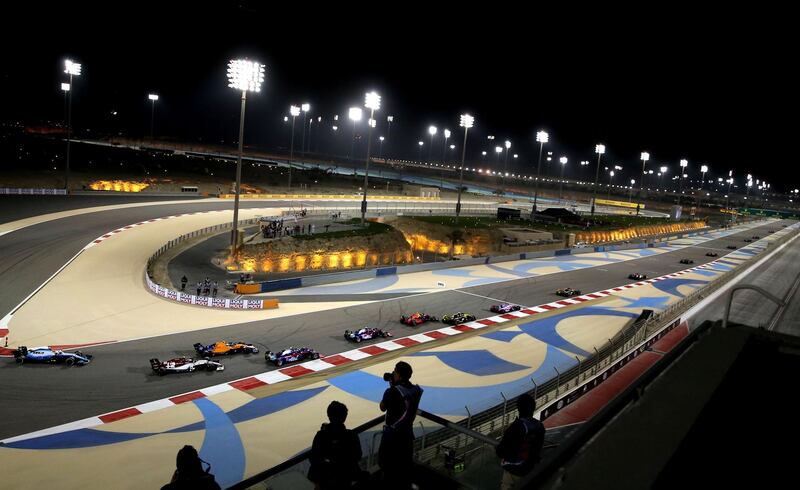 (FILES) In this file photo taken on March 31, 2019, drivers steer their cars during the Formula One Bahrain Grand Prix at the Sakhir circuit in the desert south of the Bahraini capital Manama. Bahrain's Formula 1 Grand Prix scheduled for March 20-22 will be held without spectators, the organisers said on March 8, in the latest sporting event to be hit by measures to contain the new coronavirus. / AFP / Andrej ISAKOVIC
