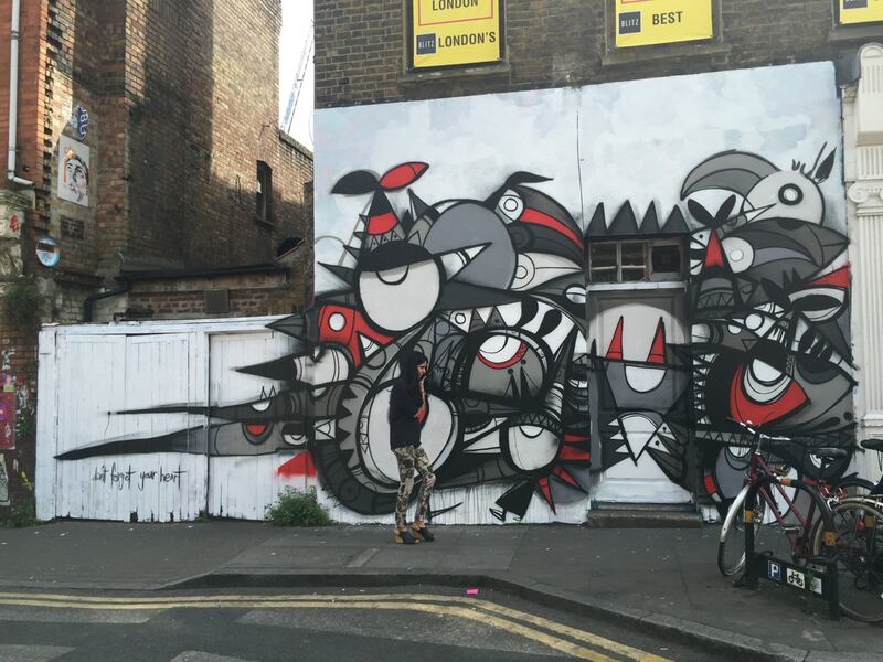 the main work almost finished. Fathima is not in the photo. Photos by Ben East for his sotry on Dubai-born artist Fathima Mohiuddin doing a mural in London.. A&L, July 2015
CREDIT: Courtesy Fathima Mohiuddin *** Local Caption ***  2015-07-22 14.39.12-2.jpeg