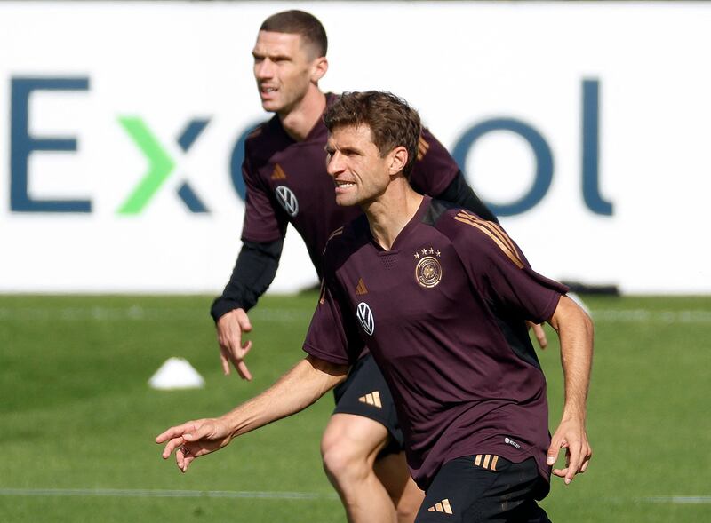 Germany's Thomas Muller and Robin Gosens during training. Reuters