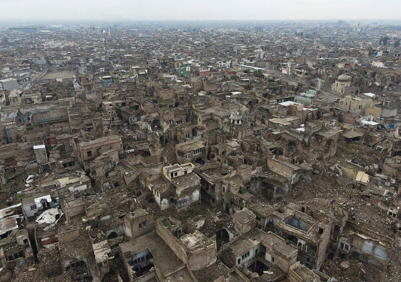 An aerial view shows destroyed buildings in the war-ravaged old part of Iraq's northern city of Mosul. AFP