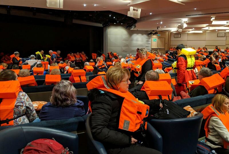 This photo provided by Michal Stewart shows passengers on board the Viking Sky, waiting to be evacuated. Michal Stewart via AP