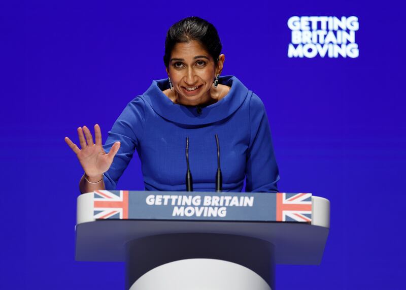 British Home Secretary Suella Braverman speaks on day three of the Conservative Party conference on Tuesday. Getty