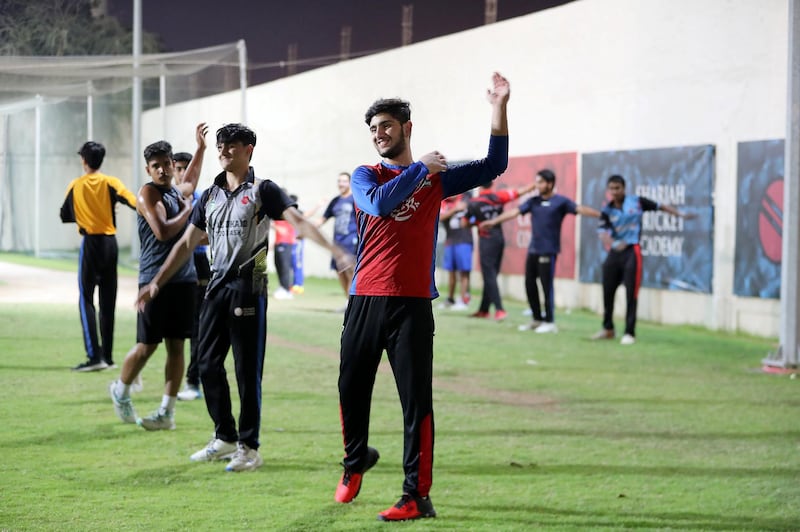 Hassan Khan (center) the son of Afghanistan/IPL star Mohammed Nabi, during the training at Sharjah Cricket Academy in Sharjah on May 10,2021. Pawan Singh / The National. Story by Paul