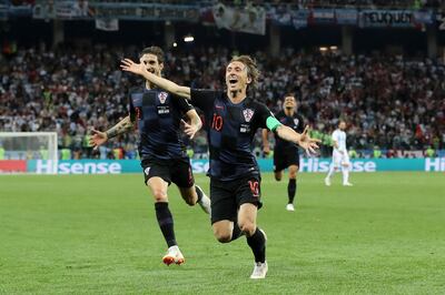NIZHNY NOVGOROD, RUSSIA - JUNE 21:  Luka Modric of Croatia celebrates after scoring his team's second goal during the 2018 FIFA World Cup Russia group D match between Argentina and Croatia at Nizhny Novgorod Stadium on June 21, 2018 in Nizhny Novgorod, Russia.  (Photo by Elsa/Getty Images)