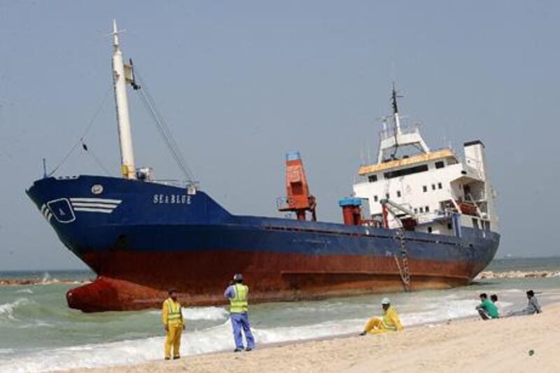 2013-2-25-Sea Blue, the ship that has been stranded on an Ajman beach for 45 days. (Al Ittihad)
