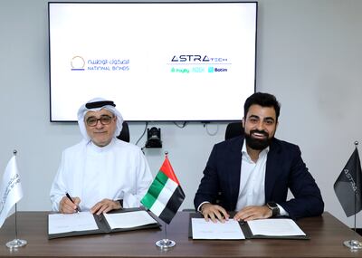 Mohammed Qasim Al Ali, group chief executive of National Bonds (left) and Abdallah Abu Sheikh, chief executive of Astra Tech and Botim, during the signing ceremony. Photo: Astra Tech