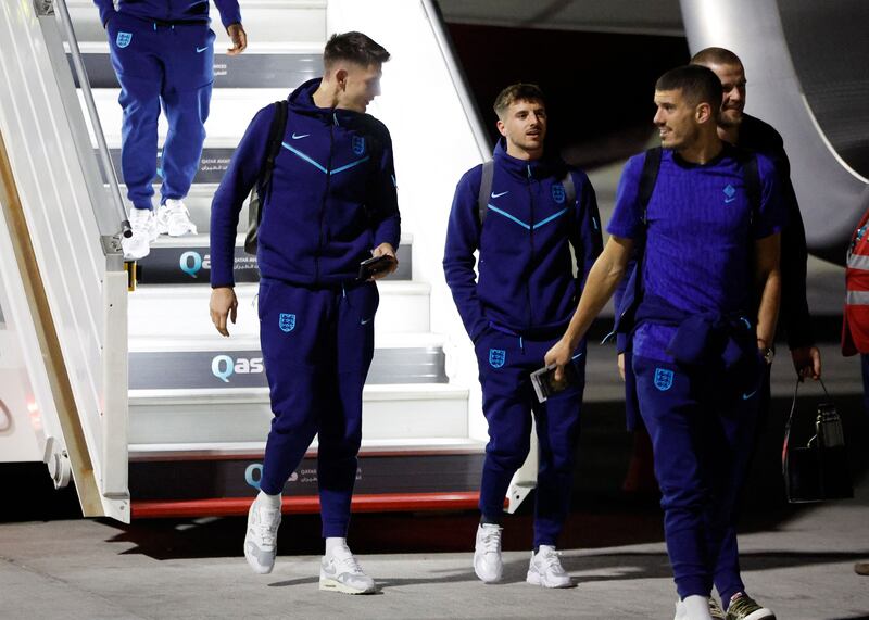 England's Nick Pope, Mason Mount, Eric Dier and Conor Coady arrive in Doha. Reuters