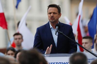 Rafal Trzaskowski, presidential candidate for the Civil Party and Mayor of Warsaw, speaks during a election campaign rally in Warsaw, Poland, on Friday, June 26, 2020. The vote, the first of two potential rounds, is a critical moment for a nation that until five years ago was hailed as a model of transformation from communism to a thriving democracy. Photographer: Piotr Malecki/Bloomberg