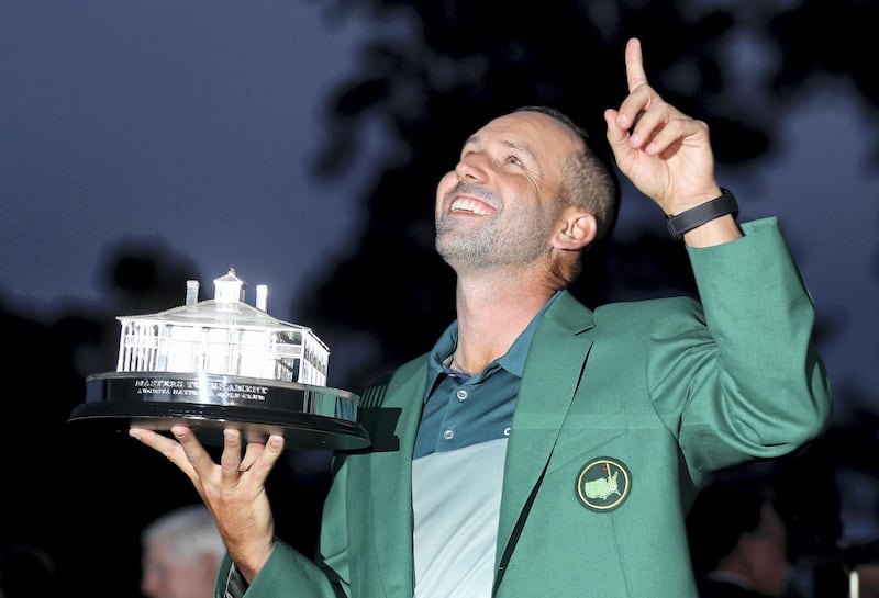 AUGUSTA, GA - APRIL 09: Sergio Garcia of Spain celebrates with the Masters Trophy during the Green Jacket ceremony after he won in a playoff during the final round of the 2017 Masters Tournament at Augusta National Golf Club on April 9, 2017 in Augusta, Georgia.   David Cannon/Getty Images/AFP