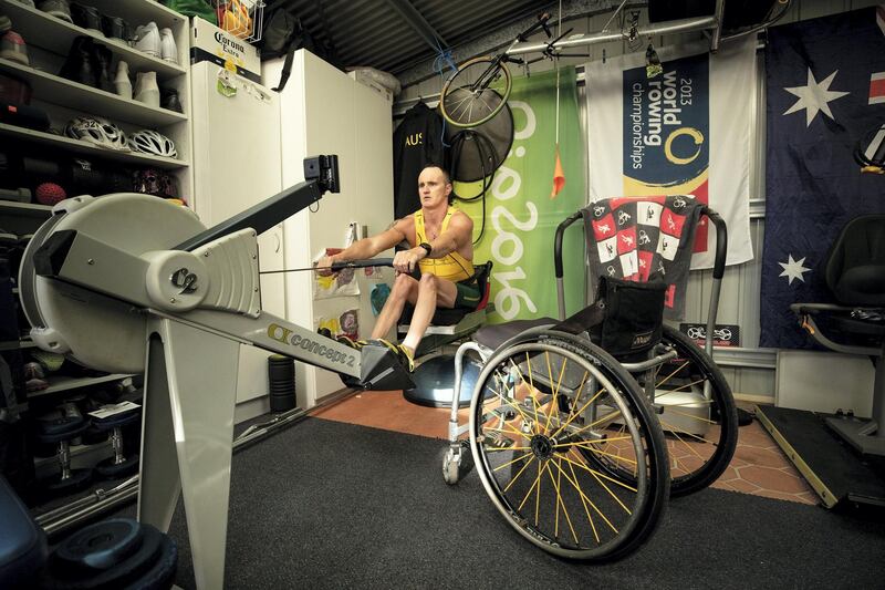 SYDNEY, AUSTRALIA - MAY 01: Australian Paralympic Rower Erik Horrie trains in his backyard gym in isolation at his home on May 01, 2020 in Sydney, Australia. Horrie is a five-time World Champion in rowing and a former member of the Australian men's national wheelchair basketball team. Athletes across the country are now training in isolation under strict policies in place due to the Covid-19 pandemic. (Photo by Cameron Spencer/Getty Images)