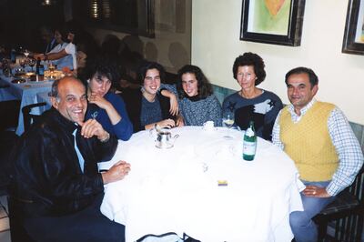 Magdi Yacoub with, from left, his son Andrew, daughters Lisa and Sophie, wife Marianne, and brother Jimmy at a restaurant in 1987. Photo: Yacoub family archive