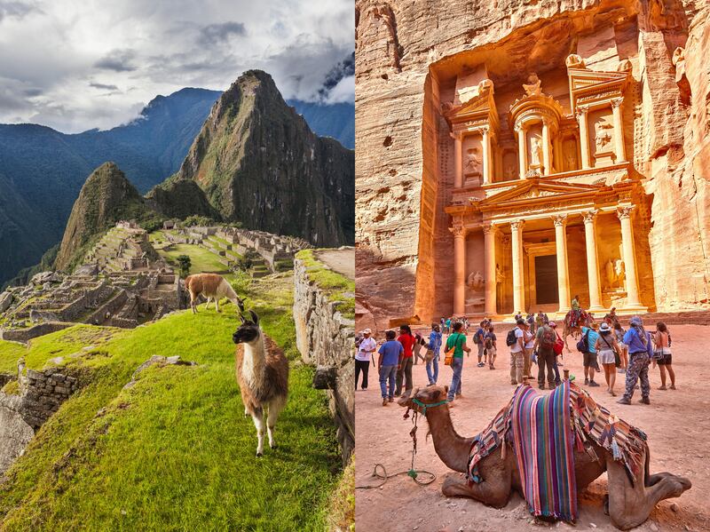 LEFT: Peak of Huaynapicchu (young mountain) at Machu Picchu, the ancient lost city of the Incas, one of Perus top tourist destinations

RIGHT: Camels and tourists at the Treasury of Petra

Getty Images