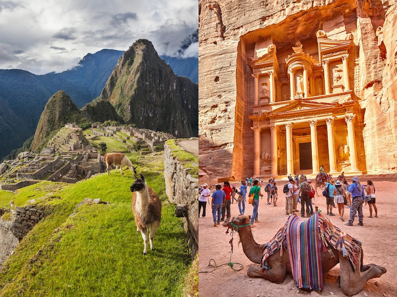 LEFT: Peak of Huaynapicchu (young mountain) at Machu Picchu, the ancient lost city of the Incas, one of Perus top tourist destinations

RIGHT: Camels and tourists at the Treasury of Petra

Getty Images