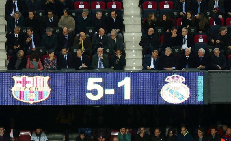 Real Madrid president Florentino Perez is seen above the scoreboard during the Barcelona vs Real Madrid football match at the Camp Nou stadium in Barcelona. Reuters