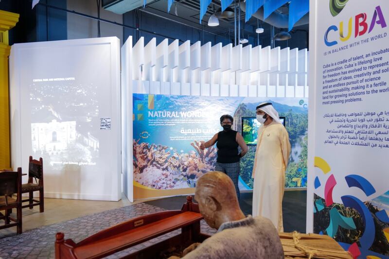 Sheikh Mohammed bin Rashid, Vice President and Ruler of Dubai, tours the Cuba pavilion at Expo Dubai 2020.
