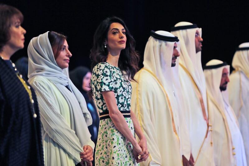 Amal Alamuddin Clooney, centre, told the IGCF in Sharjah governments must be transparent and communicate their human rights policies effectively. Kamran Jebreili / AP Photo