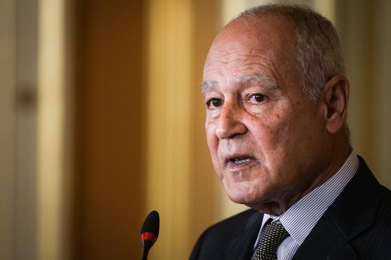 epa06645240 Secretary-General of Arab League Ahmed Aboul Gheit speaks during a press conference with Portuguese Foreign Minister Augusto Santos Silva (not pictured) after their meeting at Necessidades Palace in Lisbon, Portugal, 04 April 2018.  EPA/MARIO CRUZ