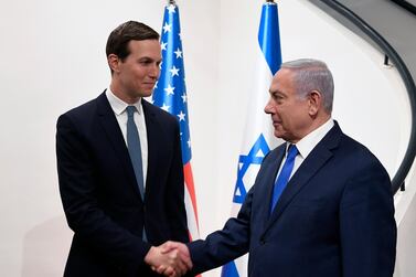 A handout photo made available by the US Embassy to Israel in Jerusalem shows the Israeli Prime Minister Benjamin Netanyahu (R) meets with US President Trump's senior adviser Jared Kushner (L) at the Prime Minister's residence in Jerusalem, Israel, 30 May 2019. EPA