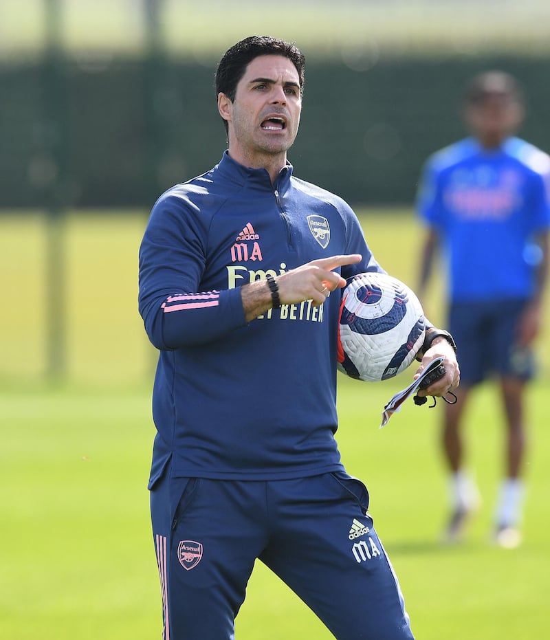 ST ALBANS, ENGLAND - MARCH 30: Arsenal manager Mikel Arteta during a training session at London Colney on March 30, 2021 in St Albans, England. (Photo by Stuart MacFarlane/Arsenal FC via Getty Images)