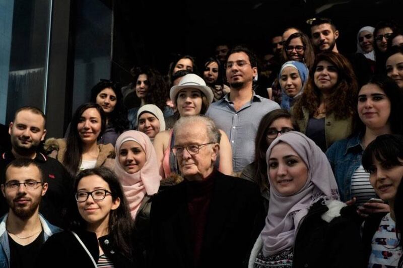 Jorge Sampaio, former President of Portugal, with some of the beneficiaries of the emergency scholarship programme run by The Global Platform for Syrian Students. Picture courtesy The Global Platform for Syrian Students