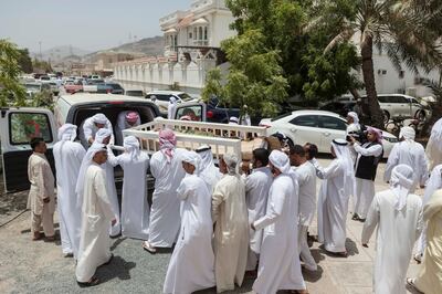 FUJEIRAH, UNITED ARAB EMIRATES, 19 JUNE 2017. The funeral of Emirati Athlete Abdullah Hayayei in Qidfa that died from an accident in London while training. Abdullah's remains leave the Zaid Bin Khatieb Mosque on it's way to the burial site. (Photo: Antonie Robertson/The National) Journalist: Ruba Haza. Section: National.