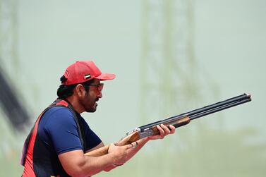 United Arab Emirates's Saif Bin Futais competes in the men’s skeet qualification during the Tokyo 2020 Olympic Games at the Asaka Shooting Range in the Nerima district of Tokyo on July 26, 2021.  (Photo by Tauseef MUSTAFA  /  AFP)