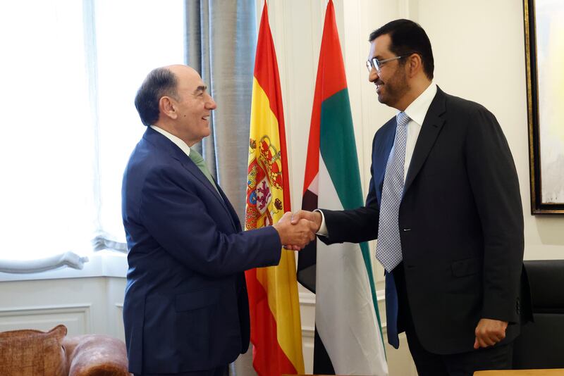Dr Sultan Al Jaber, Minister of Industry and Advanced Technology, and Cop28 President-designate, with Ignacio Galan, executive chairman of Iberdrola, in Madrid. Photo: Masdar