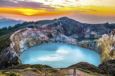 A volcano located on Flores island in Indonesia that has with  three crater lakes that changes colours throughout the year.