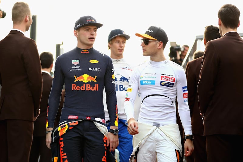 Max Verstappen of Netherlands and Red Bull Racing and Stoffel Vandoorne of Belgium and McLaren F1 talk before the Abu Dhabi Formula One Grand Prix at Yas Marina Circuit. Getty