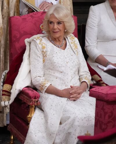 Queen Camilla in a gown by Bruce Oldfield during the coronation ceremony at Westminster Abbey. PA 