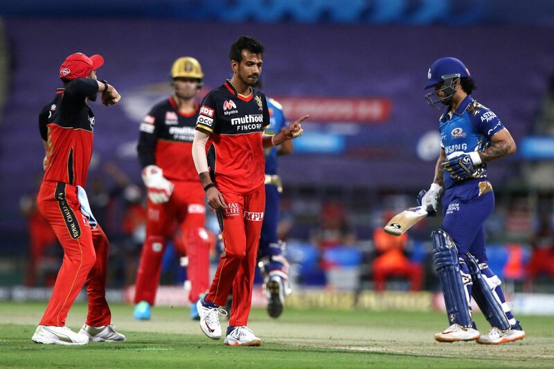 Yuzvendra Chahal of the Royal Challengers Bangalore celebrates the wicket of Ishan Kishan of Mumbai Indians during match 48 of season 13 of the Dream 11 Indian Premier League (IPL) between the Mumbai Indians and the Royal Challengers Bangalore at the Sheikh Zayed Stadium, Abu Dhabi  in the United Arab Emirates on the 28th October 2020.  Photo by: Pankaj Nangia  / Sportzpics for BCCI