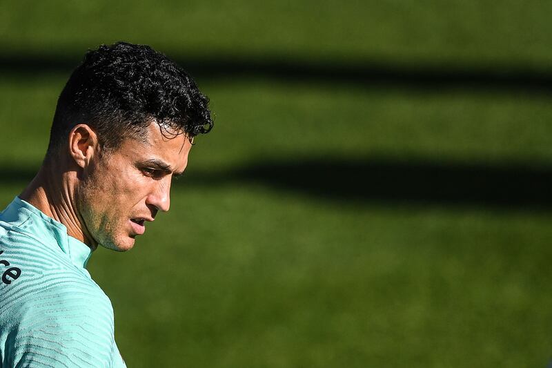 Portugal's Cristiano Ronaldo attends a training session at the Cidade do Futebol training camp in Oeiras, outside Lisbon. AFP