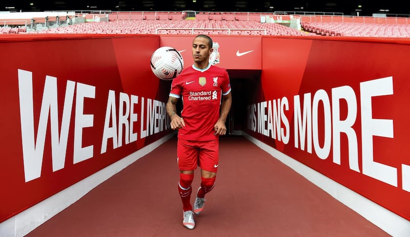 LIVERPOOL, ENGLAND - SEPTEMBER 18: (THE SUN OUT, THE SUN ON SUNDAY OUT) Thiago Alcantara new signing of Liverpool at Anfield on September 18, 2020 in Liverpool, England. (Photo by Andrew Powell/Liverpool FC via Getty Images)