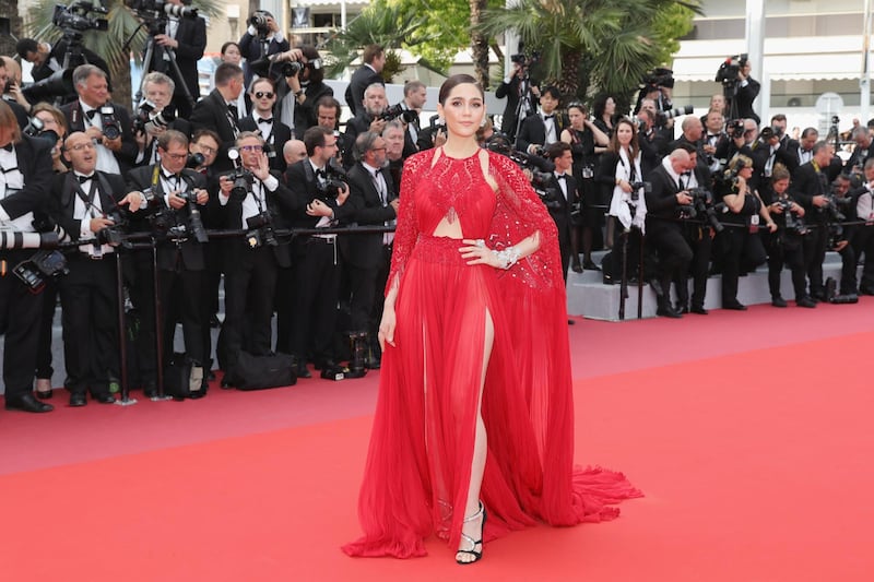 The star also wore a bold red design featuring a billowing cape by Zuhair Murad. Getty Images