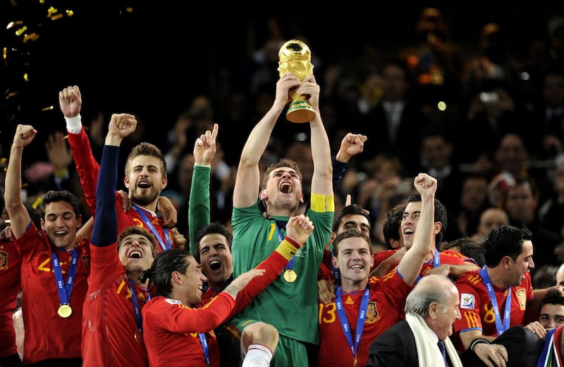 Spain goalkeeper Iker Casillas lifts the World Cup in 2010 after beating the Netherlands in South Africa. AFP