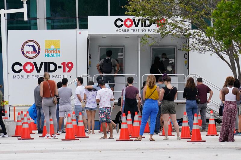 People line up at a Covid-19 rapid test site, in Miami Beach, Florida. AP