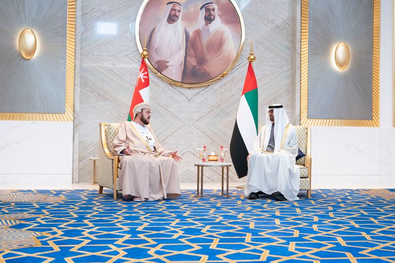 Sheikh Mohamed, then Crown Prince of Abu Dhabi and Deputy Supreme Commander of the Armed Forces, with Asa'ad bin Tariq Al Said, at Expo 2020 Dubai on November 21, 2021. Photo: Ministry of Presidential Affairs 