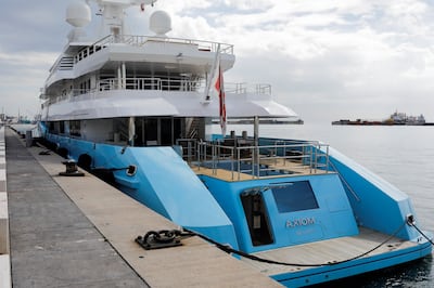 'Axioma', a superyacht belonging to Russian oligarch Dmitrievich Pumpyansky who is on the EU's sanctions list, docks at a port in Gibraltar. Reuters