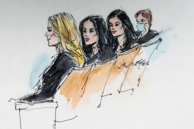 A court sketch shows Khloe Kardashian, Kim Kardashian, Kylie Jenner and Kris Jenner during the first day of the trial. AP Photo